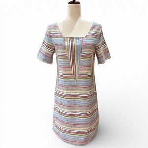 FOR CYNTHIA Linen and Cotton Rainbow Striped Dress with Pockets Size S